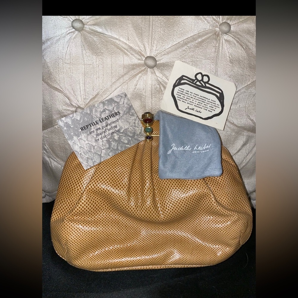 Judith Lieber camel color reptile skin clutch